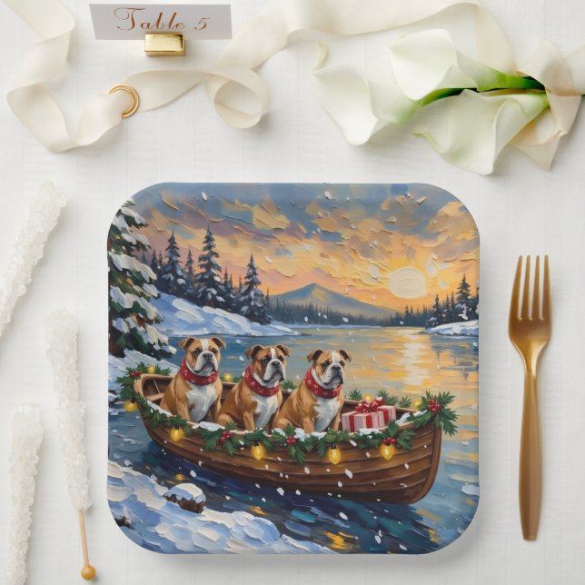 Bulldog Christmas Boat Holiday Pappteller (Hochzeit)