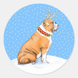 Bulldog Christmas Reindeer Red & White Runder Aufkleber