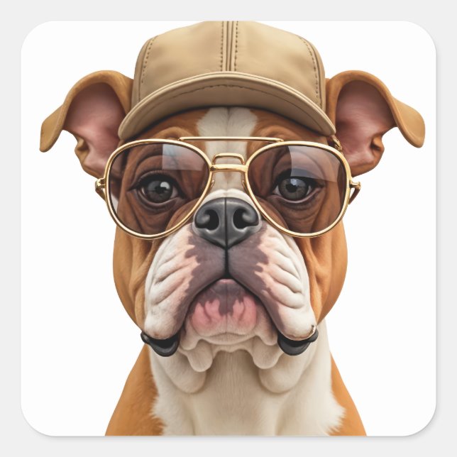 Bulldog, der eine Beige-Kappe trägt Quadratischer Aufkleber (Vorderseite)
