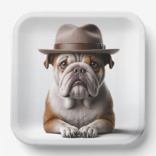 Bulldog, der eine Fedora trägt Pappteller
