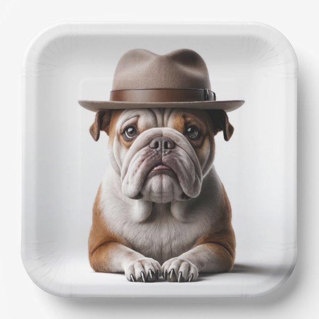 Bulldog, der eine Fedora trägt Pappteller (Vorderseite)