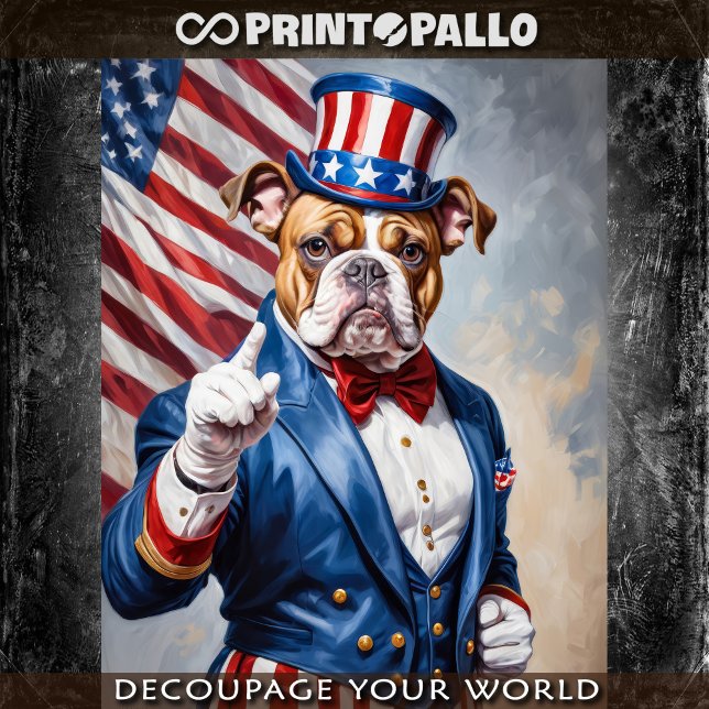 Bulldog, der wie Uncle Sam mit US-Flagge gekleidet Seidenpapier (Von Creator hochgeladen)