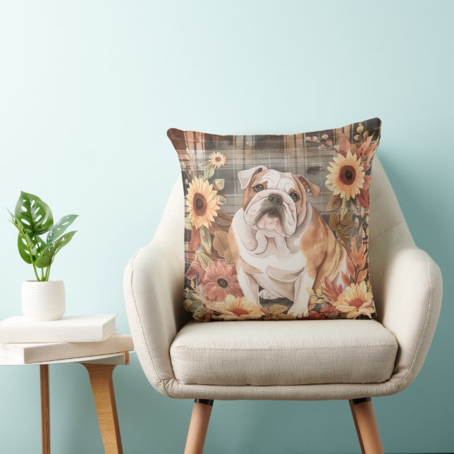 Bulldog Dog Fall Wasserfarben-Blume Kissen (Stuhl )