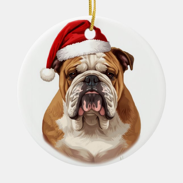 Bulldog Dog Santa Hat Merry Christmas Art Keramik Ornament (Vorne)