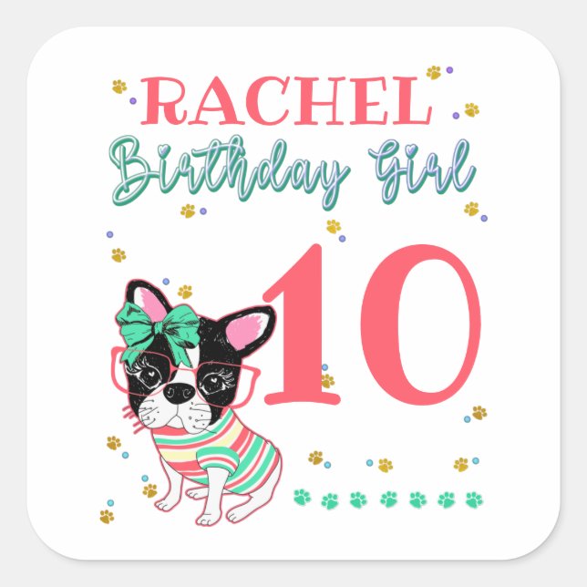 Bulldog Frenchie Birthday Girl  Quadratischer Aufkleber (Vorderseite)