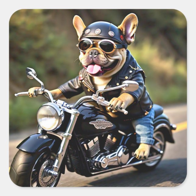 Bulldog "Frenchie Dog on Motorrad Sticker" Quadratischer Aufkleber (Vorderseite)
