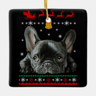 Bulldog Frohe Weihnachten mit Französin Keramikornament