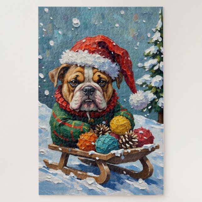 Bulldog Grumpy Rider in Christmas Sled Hat (Vertikal)