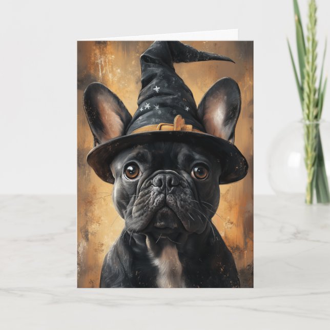 Bulldog-Hexe Halloween Feiertagskarte (Vorderseite)