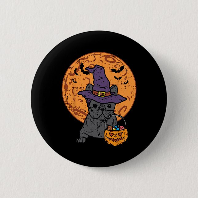 Bulldog Hexe Moon Pumpkin Halloween Frenchie Dog Button (Vorderseite)