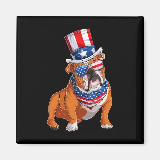 Bulldog Hund 4. Juli Amerikanische Flagge Magnet (Vorne)