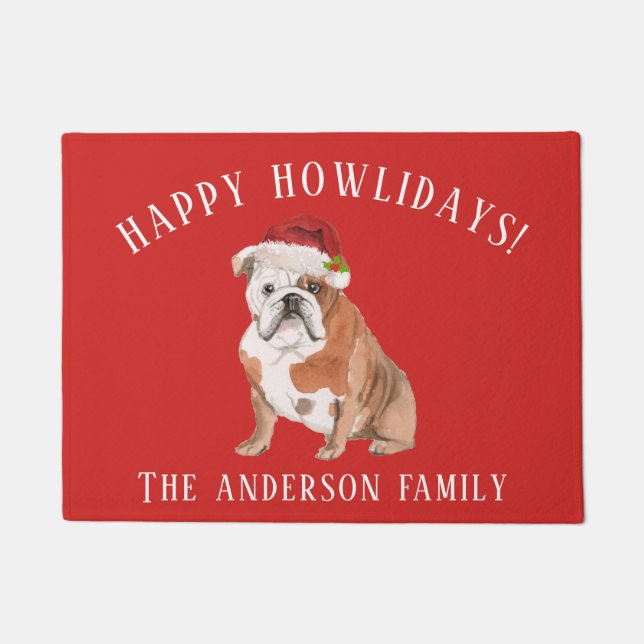 Bulldog Hund Happy Howlidays Weihnachten Fußmatte (Vorderseite)