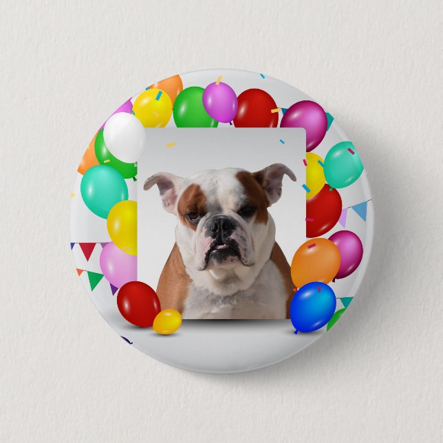 Bulldog Hund mit bunten Balloons Geburtstag Thema Button (Vorderseite)