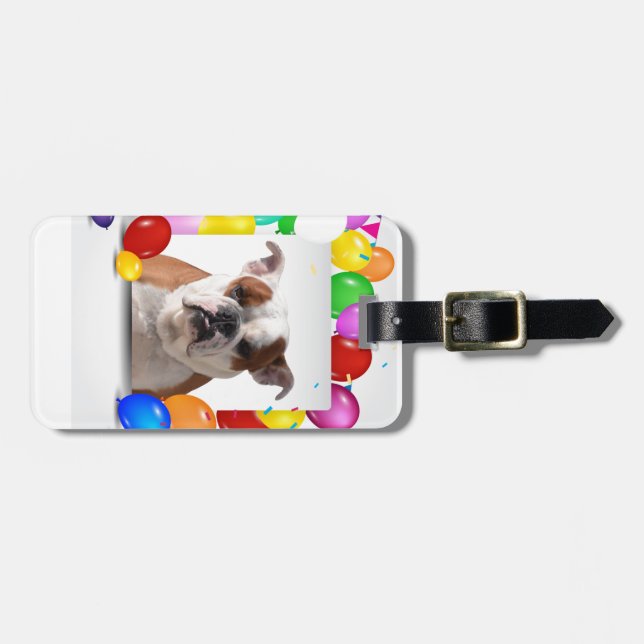 Bulldog Hund mit bunten Balloons Geburtstag Thema Gepäckanhänger (Vorderseite horizontal)