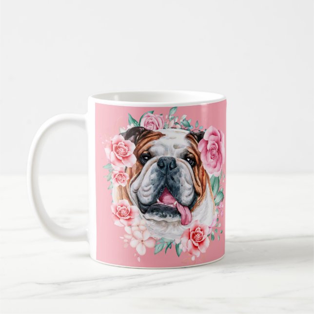 Bulldog Illustration Aquarell Rose Blumenkunst Kaffeetasse (Links)