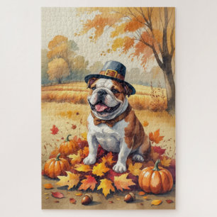 Bulldog im Herbst hinterlässt Erntedank Kunst