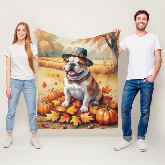 Bulldog im Herbst hinterlässt Erntedank Kunst Fleecedecke (Beispiel)