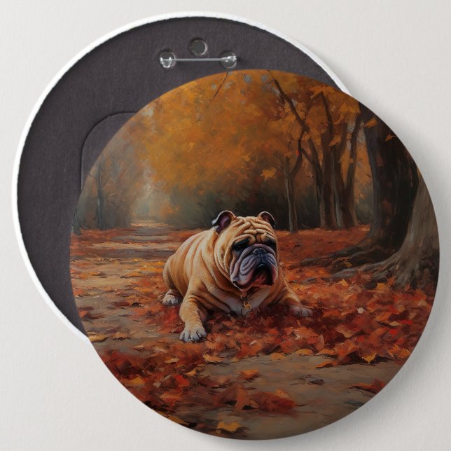 Bulldog im Herbst Leaves Fall Inspiriert Button (Vorne & Hinten)