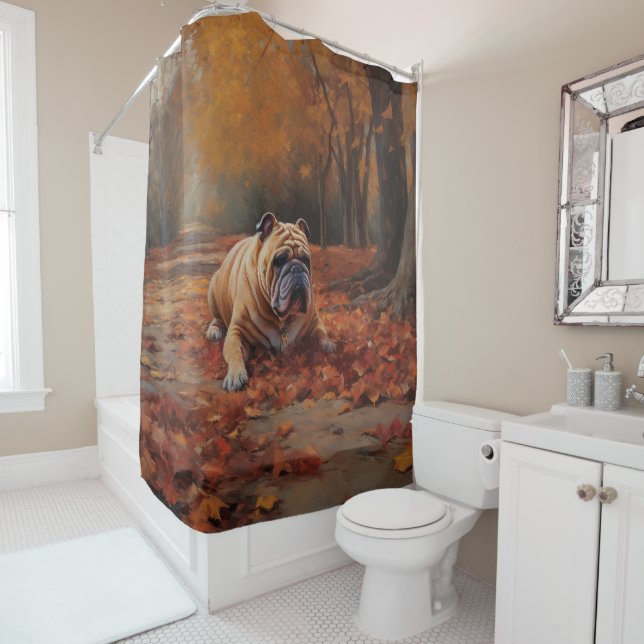 Bulldog im Herbst Leaves Fall Inspiriert Duschvorhang (Beispiel)