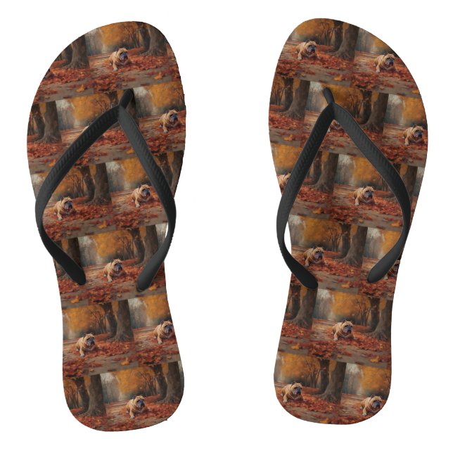 Bulldog im Herbst Leaves Fall Inspiriert Flip Flops (Fußbett)