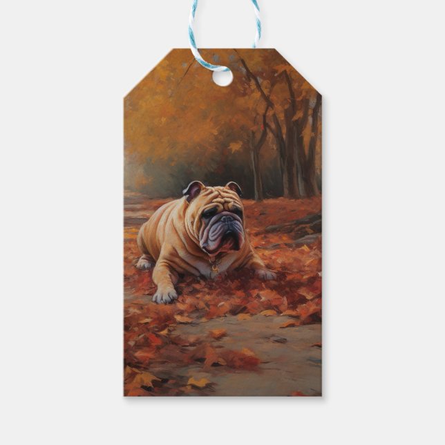 Bulldog im Herbst Leaves Fall Inspiriert Geschenkanhänger (Vorderseite)