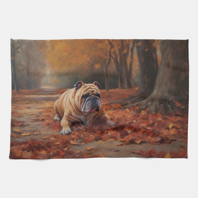 Bulldog im Herbst Leaves Fall Inspiriert Geschirrtuch (Horizontal)
