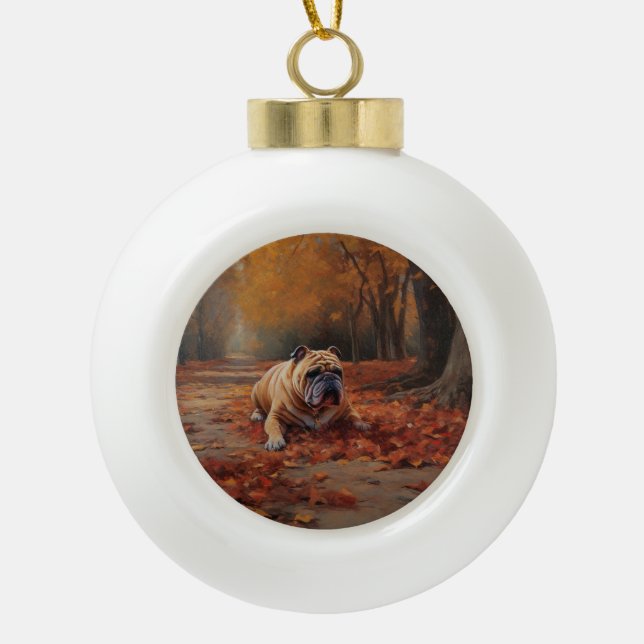 Bulldog im Herbst Leaves Fall Inspiriert Keramik Kugel-Ornament (Vorderseite)