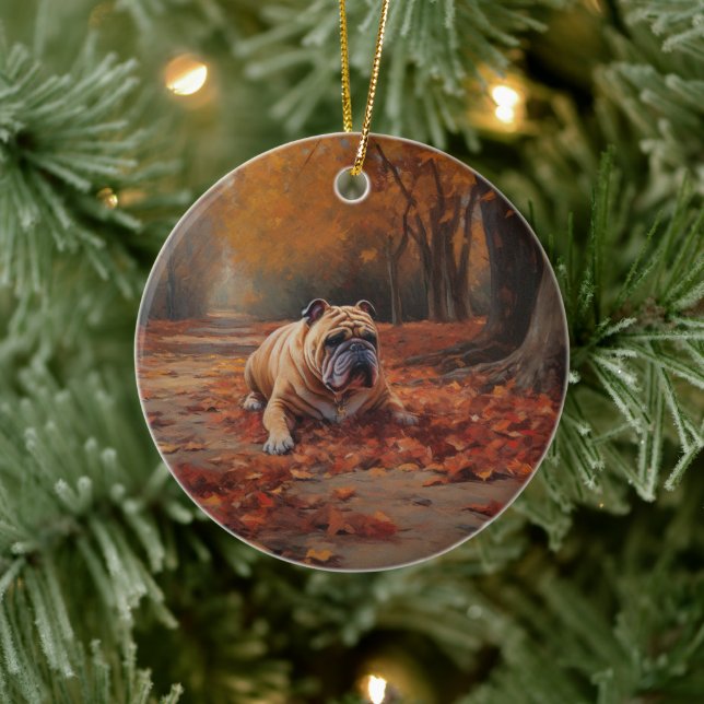 Bulldog im Herbst Leaves Fall Inspiriert Keramik Ornament (Baum)