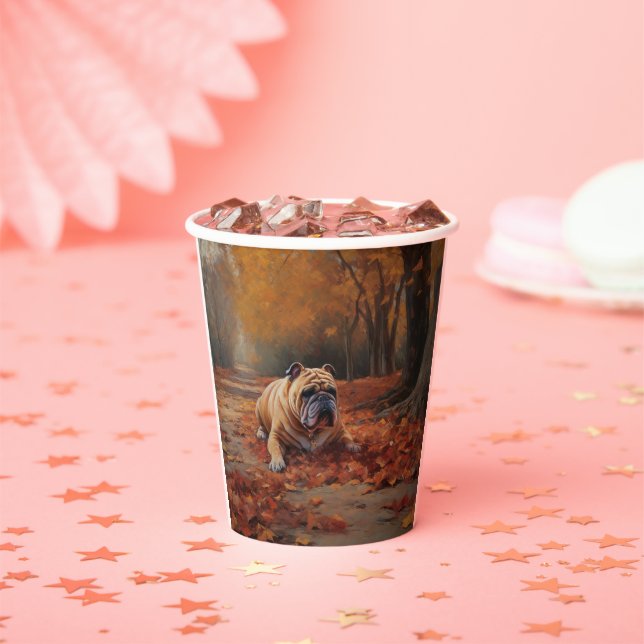 Bulldog im Herbst Leaves Fall Inspiriert Pappbecher (Insitu)