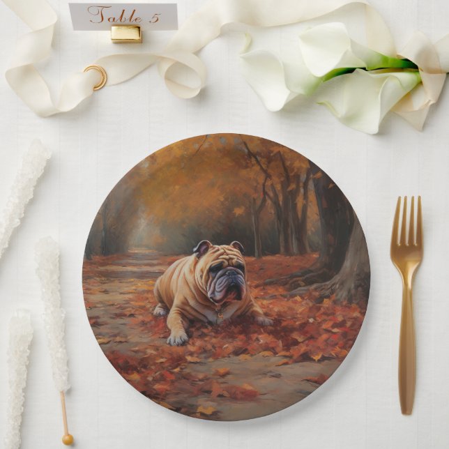 Bulldog im Herbst Leaves Fall Inspiriert Pappteller (Hochzeit)