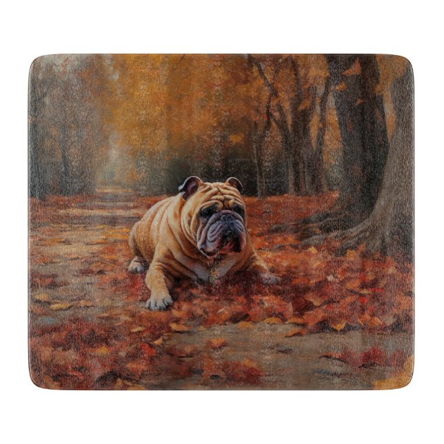 Bulldog im Herbst Leaves Fall Inspiriert Schneidebrett (Vorderseite)