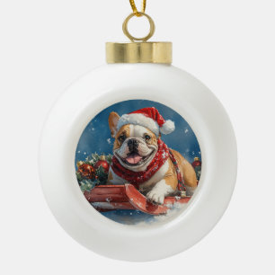Bulldog im Schlitten Lass es schneien Weihnachten Keramik Kugel-Ornament