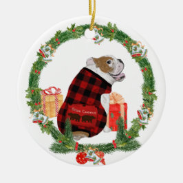 Bulldog im Weihnachtskranz Keramik Ornament