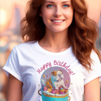 Bulldog in cup Happy Birthday Funny Bulldog Welpen T-Shirt