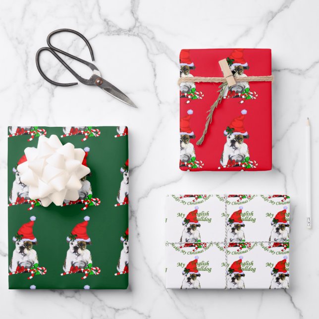 Bulldog in der Weihnachtsmannmütze Weihnachten Geschenkpapier Set (Vorderseite)