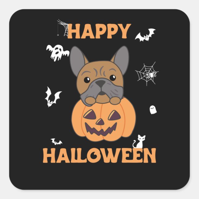Bulldog in Pumpkin Niedliche Hunde glücklich Hallo Quadratischer Aufkleber (Vorderseite)