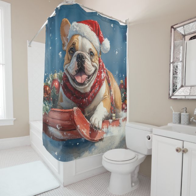 Bulldog in Sledge Lass es Schnee Weihnachten Duschvorhang (Beispiel)