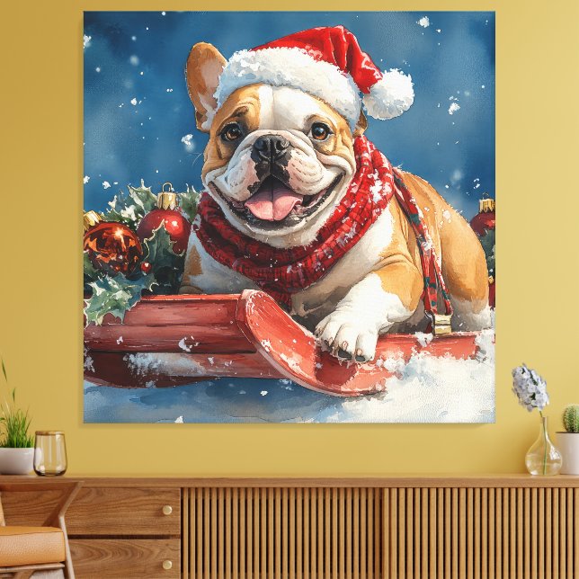 Bulldog in Sledge Lass es Schnee Weihnachten Leinwanddruck (Insitu (Wohnzimmer))