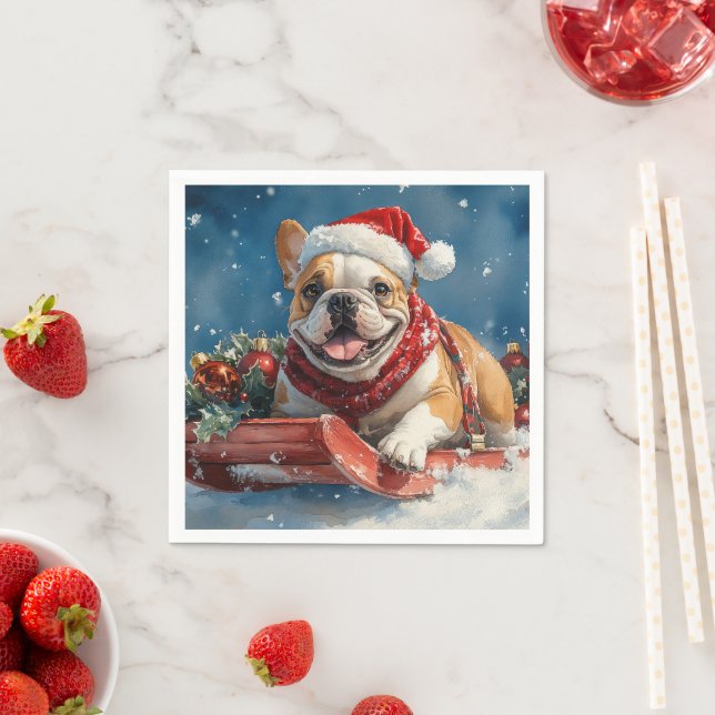 Bulldog in Sledge Lass es Schnee Weihnachten Serviette (Beispiel)