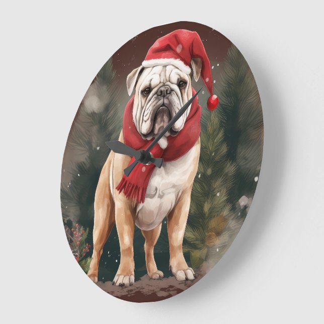 Bulldog in Snow Christmas Große Wanduhr (Winkel)
