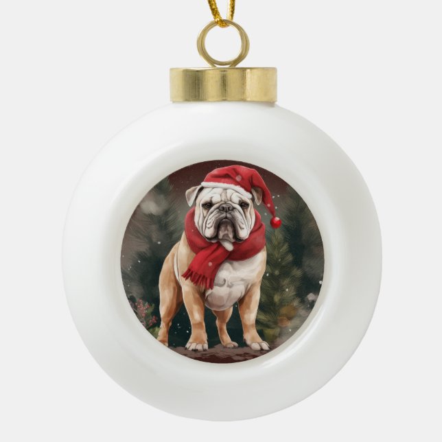 Bulldog in Snow Christmas Keramik Kugel-Ornament (Vorderseite)