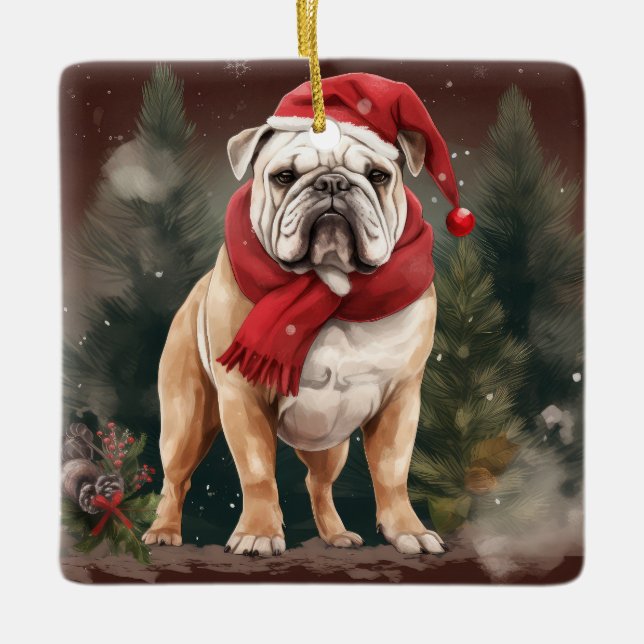 Bulldog in Snow Christmas Keramikornament (Vorderseite)