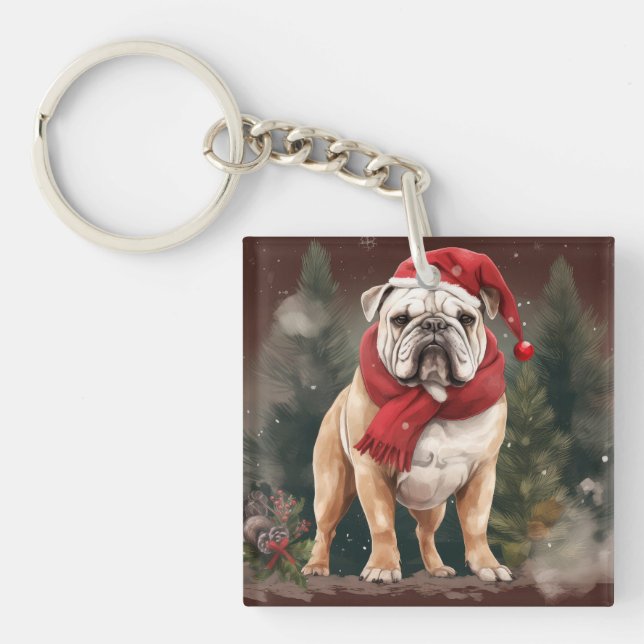Bulldog in Snow Christmas Schlüsselanhänger (Vorderseite)