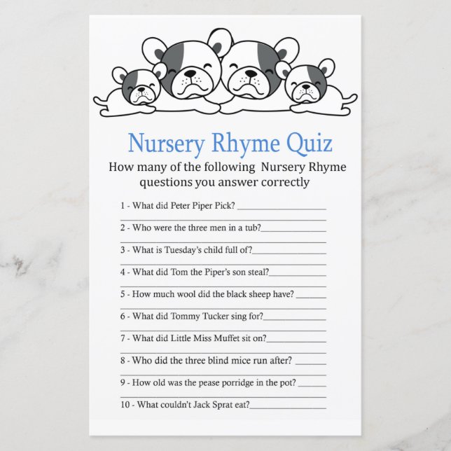 Bulldog Kinderzimmer Rhyme Quiz Kinderduschenspiel (Vorderseite)