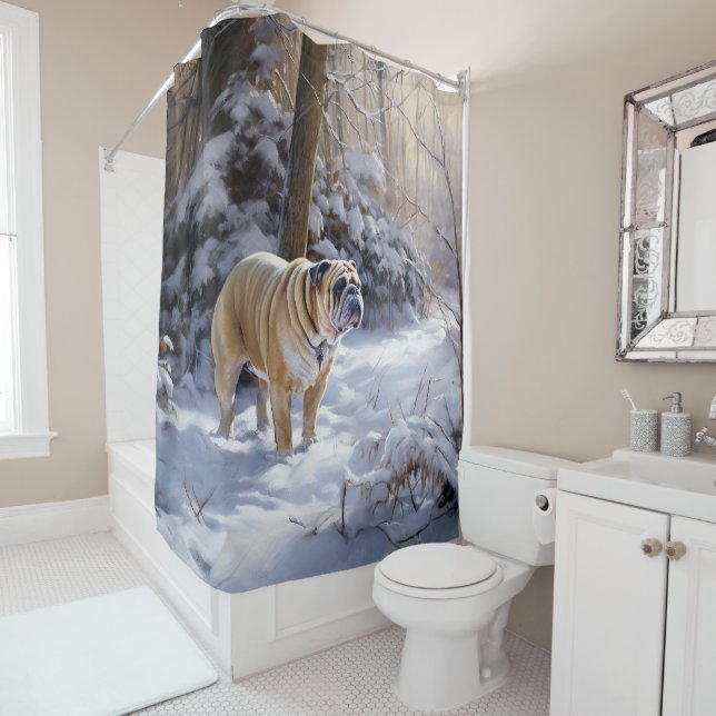 Bulldog lassen es Schnee Weihnachten gebürstet Duschvorhang (Beispiel)