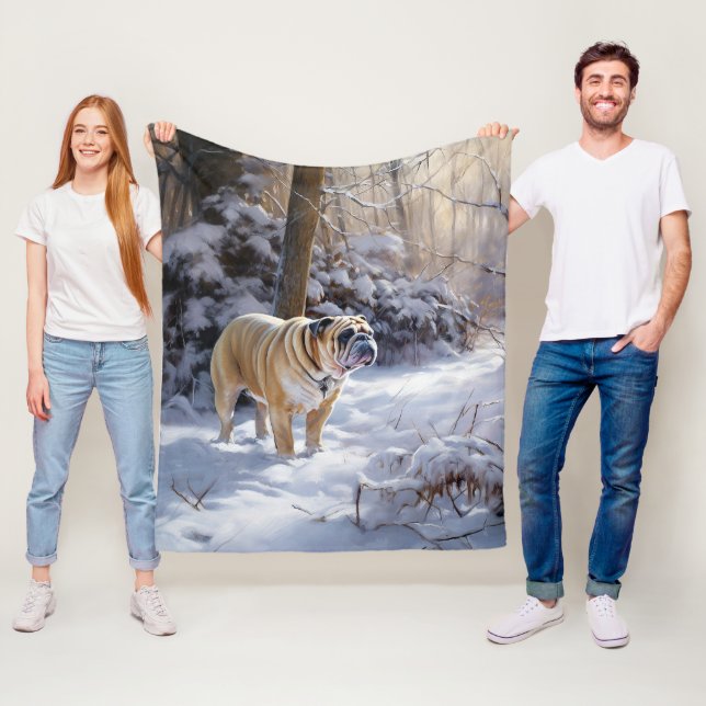 Bulldog lassen es Schnee Weihnachten gebürstet Fleecedecke (Beispiel)
