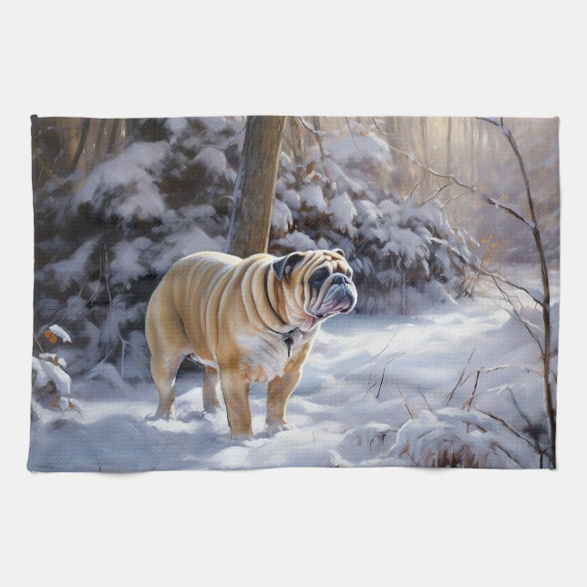 Bulldog lassen es Schnee Weihnachten gebürstet Geschirrtuch (Horizontal)