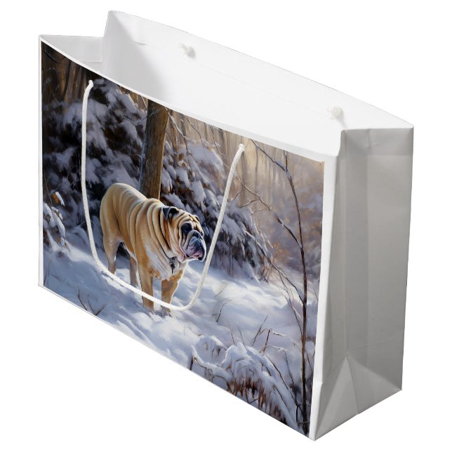 Bulldog lassen es Schnee Weihnachten gebürstet Große Geschenktüte (Vorderseite Schrägansicht)