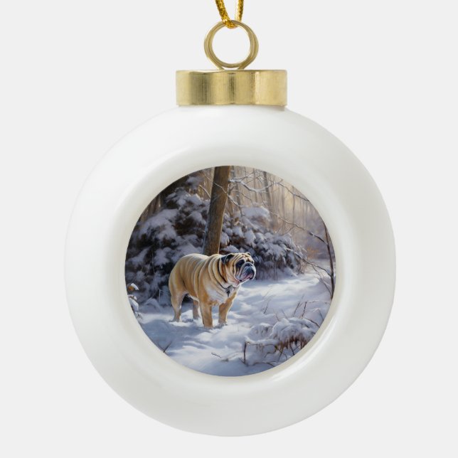 Bulldog lassen es Schnee Weihnachten gebürstet Keramik Kugel-Ornament (Vorderseite)