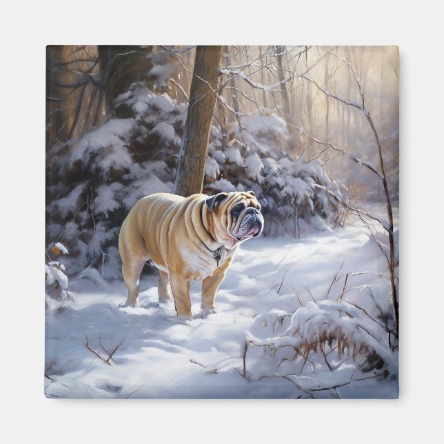 Bulldog lassen es Schnee Weihnachten gebürstet Magnet (Vorne)